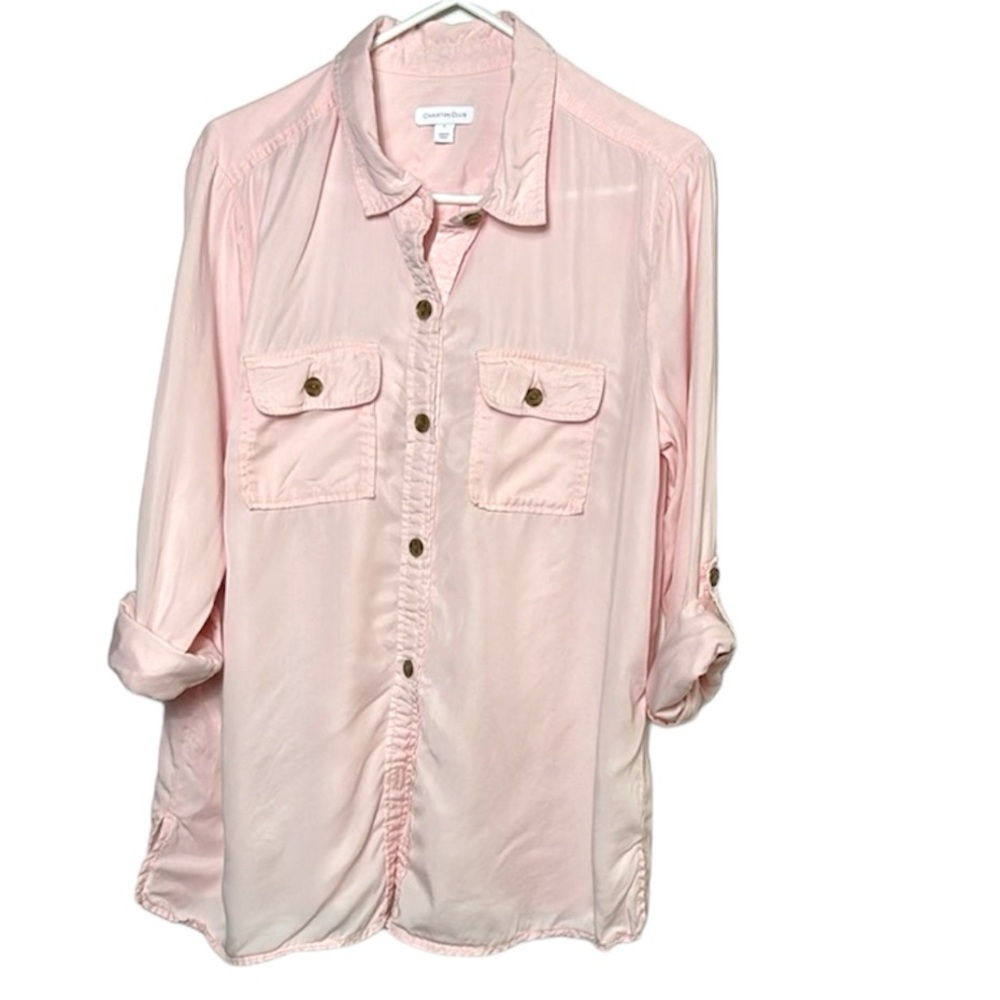 CHARTER CLUB Light Pink Button-Up Shirt roll up sleeve tabs size LARGE